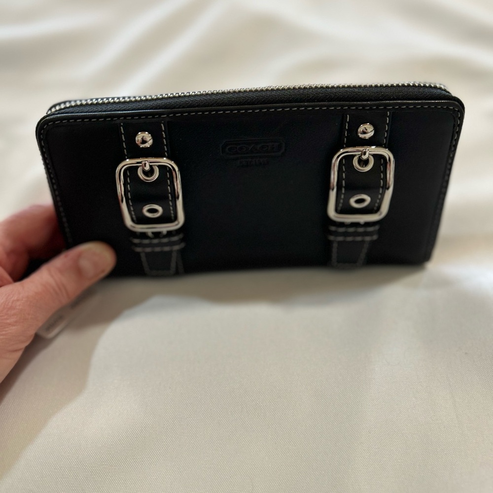 Coach Black Leather Zip Wallet with Silver Buckle Accents